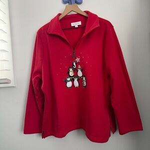 Breckenridge 2X Red Embroidered Penguin Holiday 1/4 Zip Sweater Oversized Winter